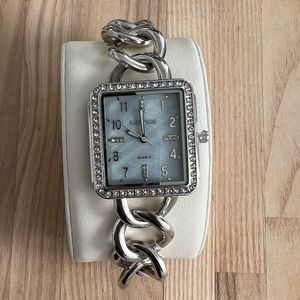 Kessaris Ladies Watch Crystal Embellishments Pearl Dial Stainless Chain Bracelet